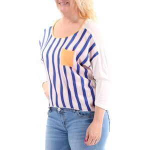 STYLEBOOK Womens White Pocketed Striped Long Sleeve Jewel Neck Top Size: L